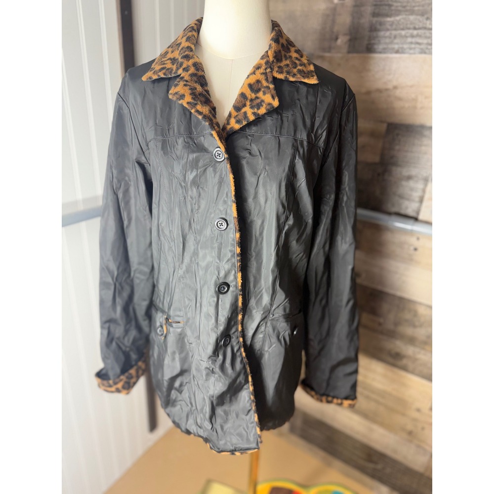 Selene Sport Windbreaker Jacket Leopard Print Fleece Trim Button Front Coat
